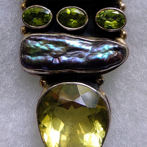 LARGE 925 SILVER MULTI GEM PENDANT, AGATE ABOLENE SHELL, PERIDOT GARNET, HINGED - Picture 4 of 10